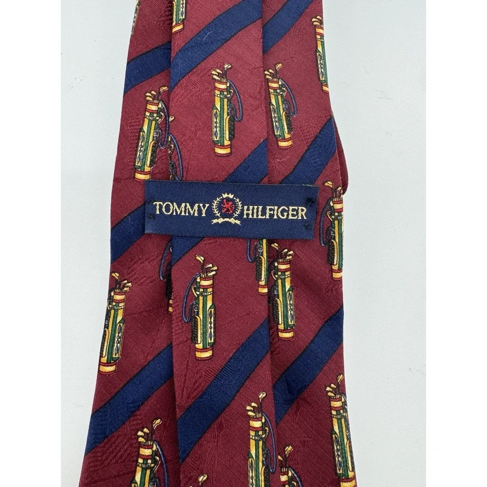 Tommy Hilfiger Golf Bag Red Men's Neck Tie 100% Italian Silk Blue Stripes